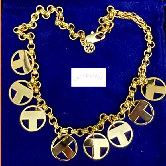 🆕 Tory Burch Authentic Shiny Gold Unique T Round Charms Logo Necklace - Picture 4 of 8